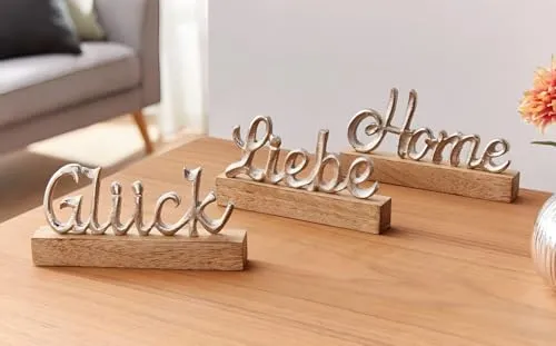 Dekoleidenschaft 3er Set Schriftzug Liebe, Home & Glück - Wand- & Türschilder aus Aluminium und Mangoholz, stilvoll und mit Antikfinish – perfekt für ein gemütliches Zuhause.