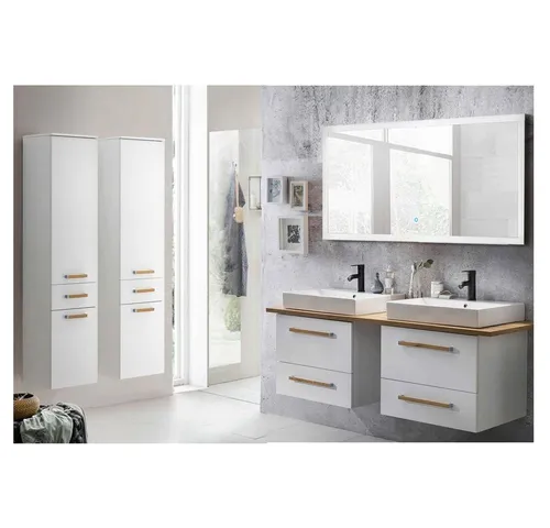 Badezimmermöbel Set DABO-04 in Weiß mit Eiche und LED-Spiegel - Elegantes Badezimmermöbel Set mit Doppel-Waschtisch und LED-Beleuchtung. Platzsparend und mit Softclose-Funktion für eine komfortable Nutzung. Ideal für Ihr Badezimmer!