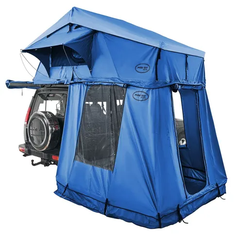 Prime Tech Autodachzelt Extended L + Vorzelt (blau) - Geräumiges Auto-Dachzelt mit 3 Fenstern, wasserdicht und aus robustem Ripstop-Polyester, perfekt für Abenteuer und Campingausflüge.