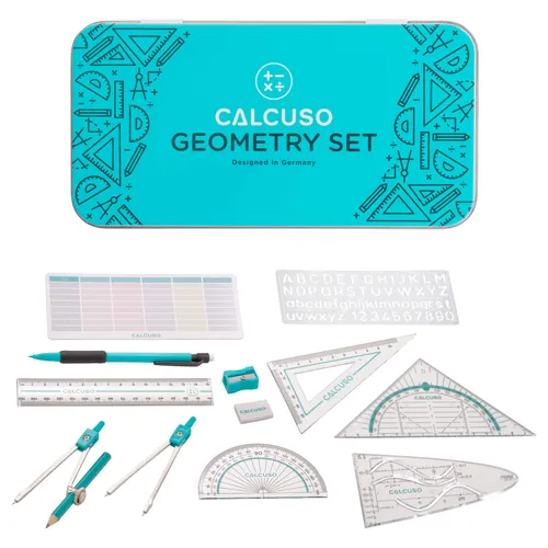 CALCUSO Geometrie Set 14-teilig – Metallbox mit Zirkel, Geodreieck & Lineal