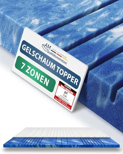 AM Qualitätsmatratzen 7-Zonen Deluxe Gelschaum-Topper 80x200 cm - Topper für erholsamen Schlaf mit 7 Komfortzonen, atmungsaktivem Gelschaum und idealer Druckentlastung. Hochwertiger Bezug mit Feuchtigkeitsregulierung für ein angenehmes Schlafklima.