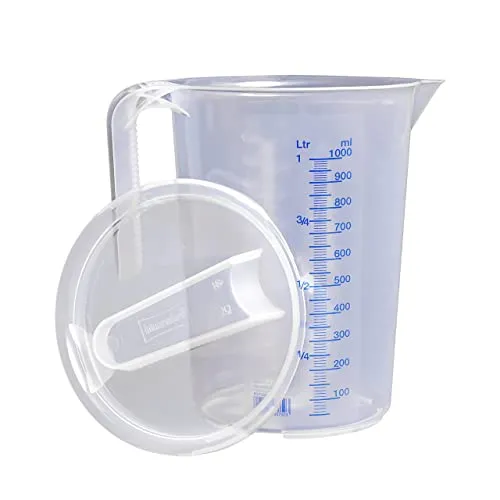 hünersdorff Messbecher 1l mit Deckel | Polypropylen (PP) | bruchsicher und spülmaschinengeeignet | offener Griff , Transparent+blau