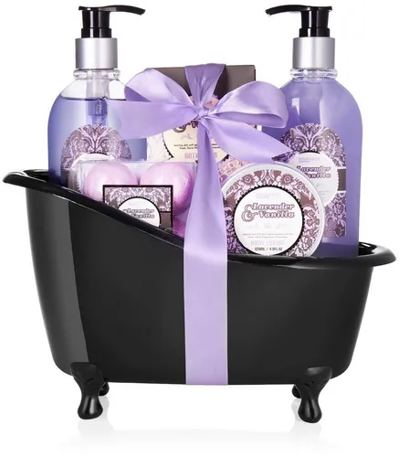 BRUBAKER Hautreinigungs-Set Bade- und Dusch Set mit Lavendel & Vanille Duft, Pflegeset, 9-tlg., Damen Geschenkset mit Deko Badewanne Schwarz, Badeset