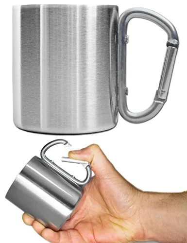Outdoor Saxx Edelstahl Camping-Tasse 250 ml, doppelwandig mit Karabiner-Griff, silber