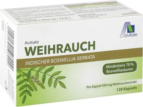 Weihrauch 450 mg Boswellia Serrata Kapseln - 120 Stück - Nahrungsergänzung mit 450 mg Weihrauchextrakt pro Kapsel, mindestens 70% Boswelliasäuren für natürliche Unterstützung der Gelenkgesundheit.