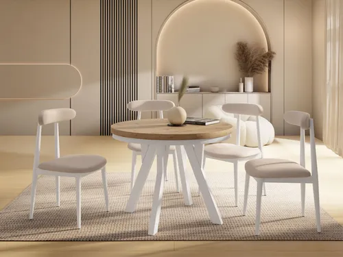 Vero Neo Runder Ausziehbarer Esstisch XXL – Stilvoller Tisch mit Weißen Holzbeinen - VIELSEITIGER DESIGN-TISCH – Ideal als Esstisch für gesellige Abende oder im Homeoffice. Der ausziehbare Tisch bietet Platz für 4 bis 14 Personen und überzeugt durch hochwertige Materialien und eine robuste Konstruktion.