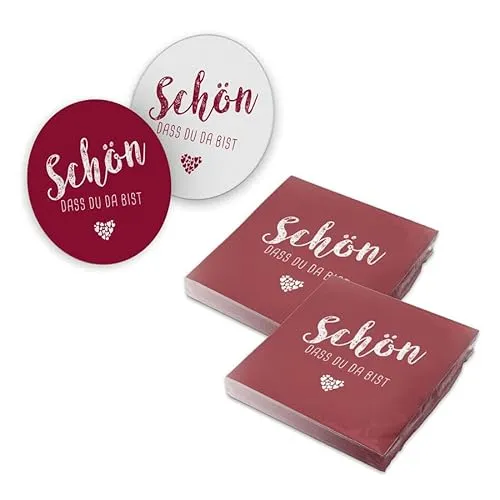 itenga 40x Servietten mit 40x Bierdeckel Schön dass du da bist (bordeaux rot)