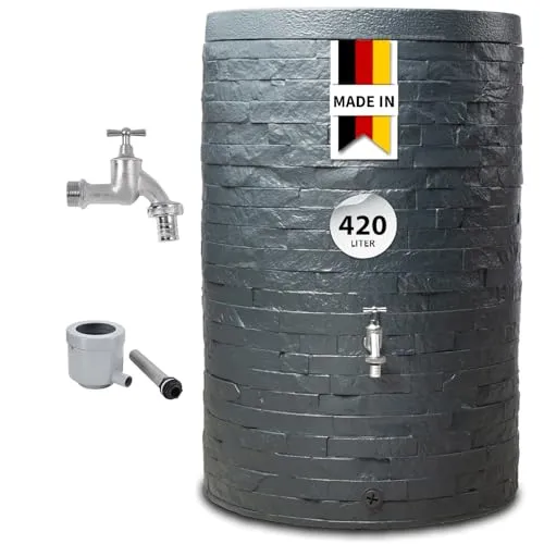GARANTIA MURO Regenspeicher Komplett-Set 420 L graphite grey - Regentonne in natürlicher Steinoptik mit 420 L Volumen, inkl. Chrom-Auslaufhahn und Fallrohrfilter für eine nachhaltige Gartenbewässerung.