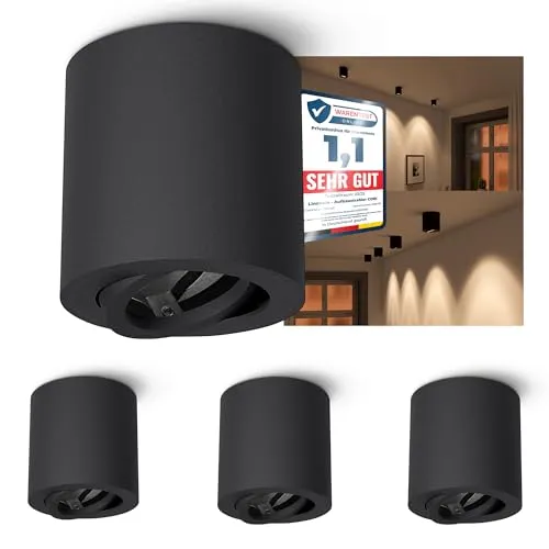 linovum 4er Set CORI Aufbauspot schwarz & schwenkbar - Deckenspots in edlem matt schwarz, ideal für GU10 & LED Module. Mit 30° Schwenk-Funktion für gezielte Beleuchtung in Wohnräumen oder Büros.