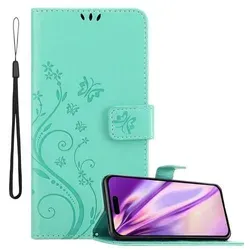 Cadorabo Hülle für Apple iPhone 14 PRO Schutz Hülle in Türkis Schutzhülle Handy Hülle Etui Case Blumen Flower