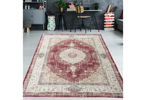 TeppichHome24 Klassischer orientalischer Teppich in Rot Creme - Eleganter Teppich mit Blumenornamenten, der jedem Raum ein modernes Flair verleiht. Pflegeleicht und langlebig, ideal für Wohnzimmer, Flur oder Büro.