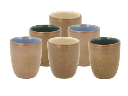 Bitz Geschirr-Set Espressotasse Wood - 6-teiliges Steinzeug-Set - Thermobehälter mit farbenfrohen Espressotassen, matte Außenseite und glänzende Innenseite, ideal für kreative Tischdekoration.