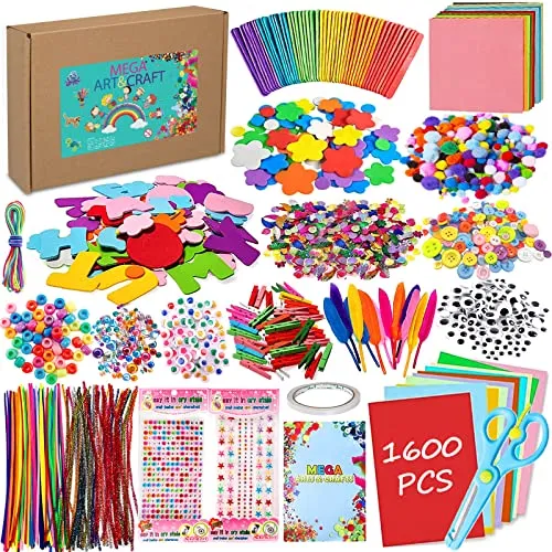 LPAOIS Bastelset 1600+ Pcs Kunst und DIY Handwerk für Kinder, Bastelzubehör Scrapbooking Mit Glitter Pompons, Federn, Knöpfe, Pailletten, Pfeifenreiniger, Perlen - Geschenk