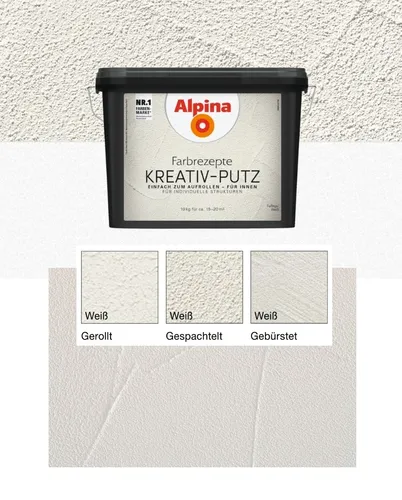 Alpina Farbrezepte KREATIV-PUTZ Weiß 10 kg - Strukturputz für kreative Wandgestaltungen, ideal für glatte Wände, 10 kg reichen für ca. 15–20 m², wasserverdünnbar und geruchsarm.