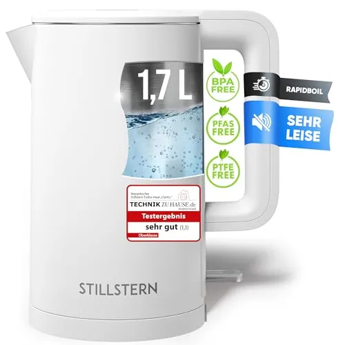Stillstern Wasserkocher Turbo-Heat 'Clarity' 1,7L Edelstahl - Eleganter Stillstern Wasserkocher mit 2200W, schnellem Aufheizen und Anti-Fingerprint Beschichtung. Ideal für den täglichen Gebrauch, sorgt für eine sichere Handhabung dank doppelwandigem Gehäuse.