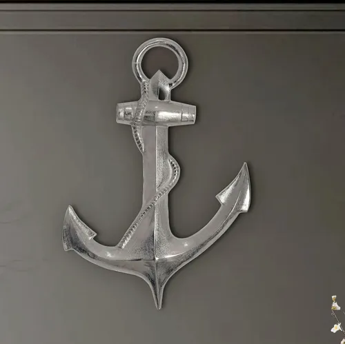 FINEBUY Wanddekoobjekt FB108023 Anker Wanddeko 70 cm Silber Maritim Aluminium Modern Wohndeko (Deko Anker 70 cm Silber Große Aluminium-Figur), Maritime Wanddekoration im XXL-Format als Wohndeko-Highlight