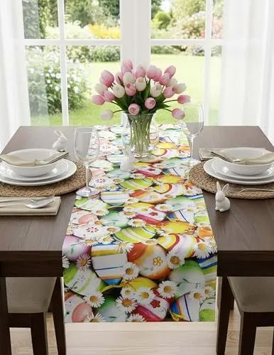 KAMACA Tischläufer 40x140 cm Frühling & Ostern – Oster Tischdeko mit Hasen, Ostereiern & Blumen, bunt Bedruckt – Tischwäsche für Küche, Esstisch, Wohnzimmer & Sideboard (40x140 cm, Ostereier)