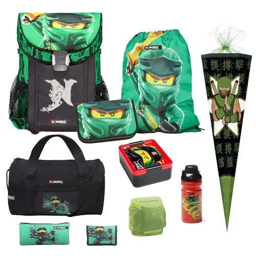 Familando Ninjago Schulranzen Set für Jungen und Mädchen - Lego Easy Golden Power - 10-teiliges Schulranzen Set für die 1. Klasse, leicht mit nur 790g, inklusive Schultüte und ergonomischer Passform für optimalen Tragekomfort.