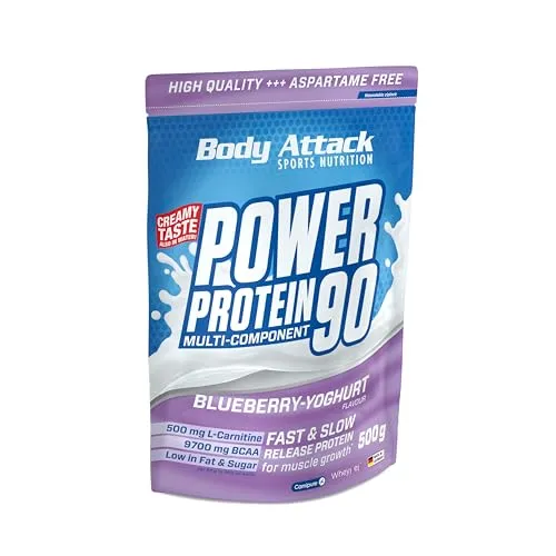 Body Attack Power Protein 90 - 500g Blueberry - Sportnahrung mit hohem Eiweißanteil, ideal für Muskelaufbau und Regeneration, jetzt in der leckeren Geschmacksrichtung Blueberry.