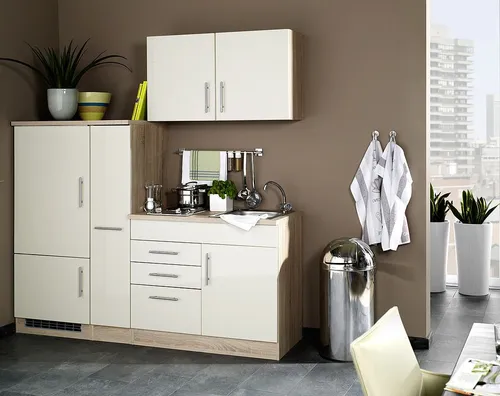 Singleküche Toronto 210 cm in Creme Hochglanz mit Kühlschrank und Kochmulde