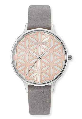 Engelsrufer LEBENSBAUM Armbanduhren One Size Silber - Elegante Damenarmbanduhr mit grauem Lederarmband und 34 mm Edelstahlgehäuse. Wasserdicht bis 5 bar – perfekt für den Alltag!