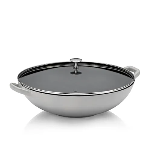 Calido Wok mit Glasdeckel 4 Liter - Gusseisen - Pfanne aus Gusseisen, ideal für alle Wärmequellen, inklusive Induktion und Backofen, mit hervorragender Wärmeleitfähigkeit und Rostschutz.