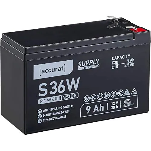 Accurat AGM Batterie S36w - 12V, 9Ah, zyklenfest, wartungsfrei - VRLA Versorgungsbatterie, Blei Akku, Solarbatterie, Bootsbatterie für Wohnmobil, Wohnwagen, Camper, Bootsbatterie