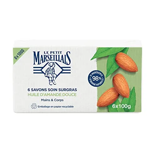 Le Pe Marseillais | rückfettende Pflegeseife mit Mandelöl (6 x 100 g) – feste Hand- & Körperseife mit 98% natürlichen Inhaltsstoffen – Verpackung aus recycelbarem Papier