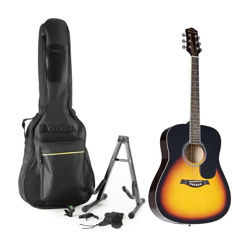 Akustikgitarre Anfänger-Set Red Hill D-1 SB - Komplettset - Das Red Hill D-1 SB Set bietet eine hochwertige Westerngitarre mit robustem Lindenholz und einem umfangreichen Zubehörpaket. Ideal für Einsteiger, um sofort loszulegen!