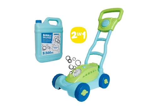 alldoro Seifenblasenspielzeug 2 in 1 Set: Seifenblasen-Rasenmäher mit 2,5L Nachfüllkanister, auslaufsicher, Licht & Hupe + XXL-Nachschub für Kinder ab 3 Jahren