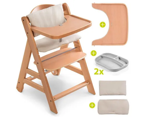 Hauck Hochstuhl Alpha Plus Move Natur (5 St), Holz Babystuhl ab 6 Monaten mit Rollen, Essbrett, Sitzkissen & Teller