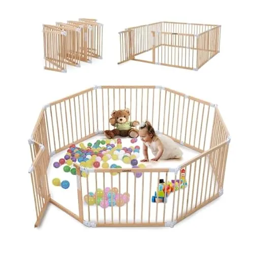 Faltbares Laufgitter aus Naturholz 152 x 152 cm mit Tür und rutschfesten Saugnäpfen – Modularer Spielbereich für Babys