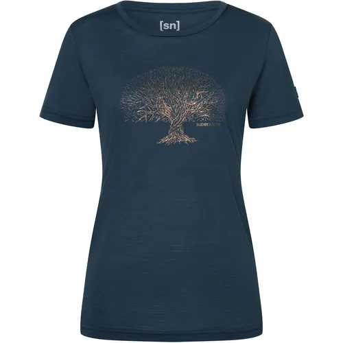 Super.Natural W Tree OF Knowledge Tee blueberry/copper (31B) XS - Outdoor & Funktionsshirts für Damen, tailliertes Shirt aus hochwertigem Merino-Mix für optimalen Komfort und Vielseitigkeit, perfekt für Reisen und Alltag.