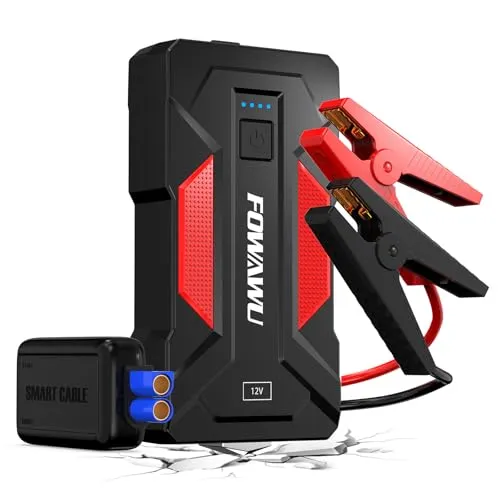 FOWAWU Auto Starthilfe Powerbank 6000 A 24800 mAh, Booster Auto Starthilfe für 9,5L Benzin und 7,5L Diesel mit LED Taschenlampe, 2 Schnelllade USB 3,0 Ausgänge, Sicherheitshammer