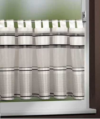 KAMACA Bistrogardine mit Schlaufen Panneau Scheibengardine Küchengardine Kurzstore transparent Küche Schlaufenpanneau Voile ganzjährig (HxB 45x140 cm Buzz schwarz Weiss)