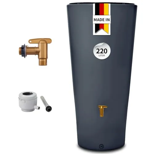 4rain Regentonne Vaso 2in1 Komplett-Set, 220 Liter - Regentonne mit Auslaufhahn und Regensammler, frostsicher und bepflanzbar. Ideal zur Regenwassernutzung und individuellen Bepflanzung, Made in Germany.