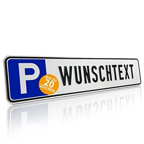 Betriebsausstattung24 Individuelles Parkplatzschild mit Wunschprägung/Wunschtext mit P-Symbol - BxH 52,0 x 11,0 cm - Autoschild Aluminium geprägt - mit/ohne Löcher