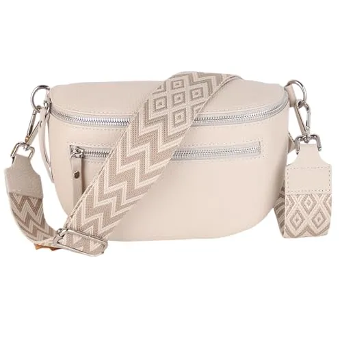 MIRROSI® Damen Bauchtasche Umhängetasche 27x14,5x8cm Damen, Made in Italy, aus Echtleder Tasche Echtes Leder, Brusttasche, Crossbody Bag,Bohemian Style (1 Tasche 2 Gurte) (Beige Boho Taupe)