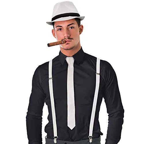 Balinco Mafia Kostüm Outfit für Herren – 20er Jahre Gangster Set mit Zigarre, Zylinder Hut, Krawatte und Hosenträger für Karneval, Fasching, Halloween
