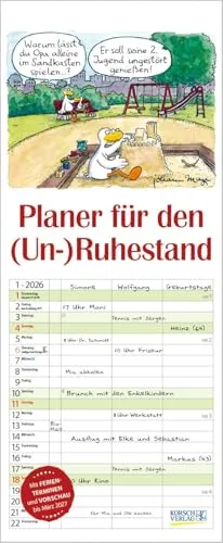 Planer für den (Un-)Ruhestand 2026 - Familienkalender mit 3 breiten Spalten, ideal für die Planung von Familienaktivitäten und Ferienterminen bis März 2027. Praktische Extras und lustiges Design für einen entspannten Ruhestand.