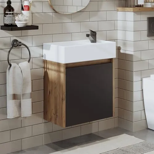 ROOMART Badmöbelset 50cm Unterschrank mit Waschbecken Badezimmer Möbel Gäste WC (Waschbecken mit Unterschrank, anthrazit Eiche)