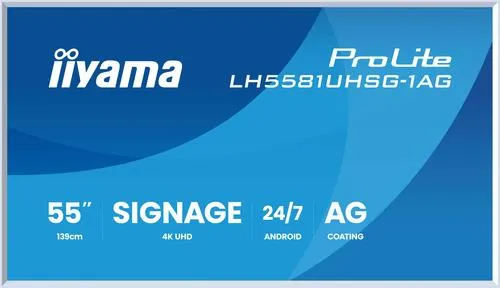 Iiyama LH6581UHSG-1AG 65 Zoll UHD Digitales Schild - Beeindruckendes 65 Zoll UHD Display mit abnehmbarem Rahmen, ideal für Präsentationen und Werbung. Ausgestattet mit 2xHDMI, 1xUSB-C und 2xUSB 2.0 für vielseitige Nutzung.