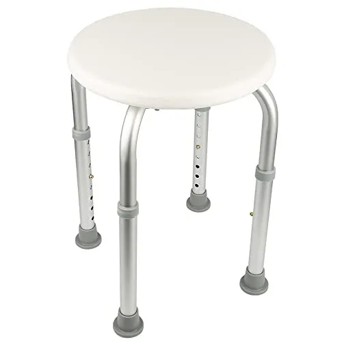 RELOVE Duschhocker, höhenverstellbar, ergonomisch, rutschfeste Füße, max. Belastung 136 kg, Aluminium, HDPE, Weiß (32 x 32 x 36 – 54 cm)