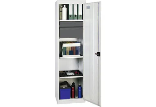 Werkzeug-Beistellschrank H1800xB500xT500mm mit 2 Schubladen und 3 Böden - Robuster Stahlblechkonstruktion mit widerstandsfähiger Pulverbeschichtung. Ausgestattet mit höhenverstellbaren Fachböden und abschließbarer Flügeltür für sicheren Stauraum.