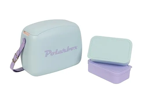 Kreher Kühltasche mit Brotdose, Kühlbare Lunchbox, Passive Kühlbox für Lebensmittel, Medikamente, Mittagessen im Retro-Design (Hellblau/Lila)