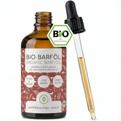 Futteröl für Hunde 100ml – 100% Bio Barföl - Natürlich und Vegan - Aus Leinöl, Nachtkerzenöl, Olivenöl, Kürbiskernöl, Chiaöl - Mit Omega 3-6-9, DE-ÖKO-060