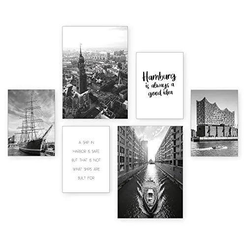 Kreative Feder Poster-Set | Hamburg | 6 Bilder Deko Wohnzimmer Modern Schlafzimmer Bild für Ihre Wand