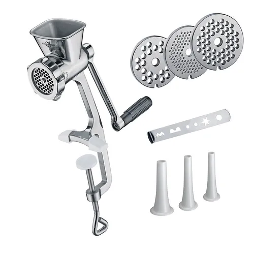 Küchenprofi Fleischwolf SOLIDO mit Zubehör - Fleischwolf aus Edelstahl, manuell betrieben, inklusive 3 Lochscheiben und Wurstaufsätzen - ideal für frische Zubereitung zu Hause.