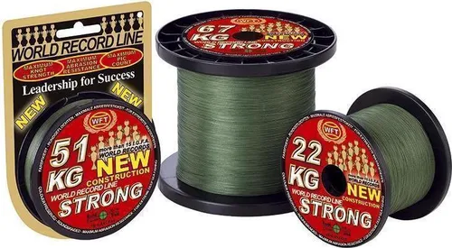 WFT Schnur KG Strong Green 250m, 180kg Tragkraft - Angelschnur für große Raubfische, 8-fach geflochten für hohe Knotenfestigkeit und Abriebfestigkeit. Ideal für Tiefseefischen und Meeresangeln.