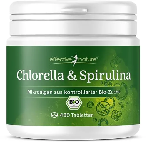 Spirulina Chlorella Presslinge - 480 Algentabletten - 100% natürliches Bio Spirulina und Chlorella- 2 Superfoods kombiniert - Für ca. 1-2 Monate